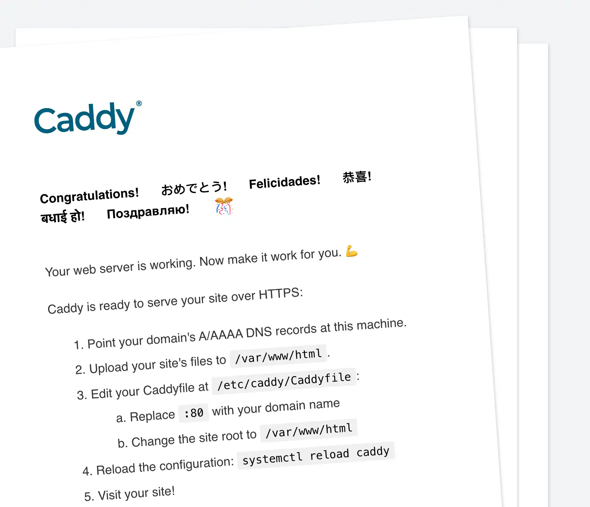 Caddy Welcome Page