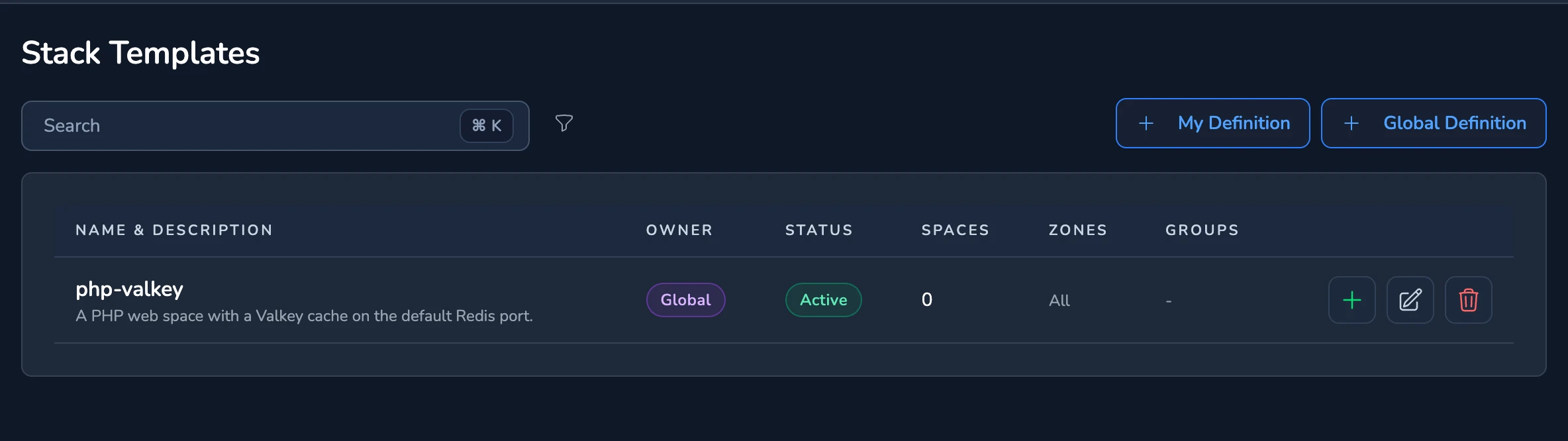 The Stack Templates Page